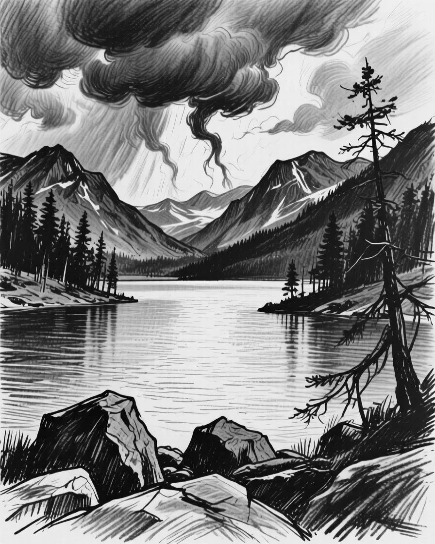 A tranquil alpine lake with dramatic storm clouds gathering on the horizon.