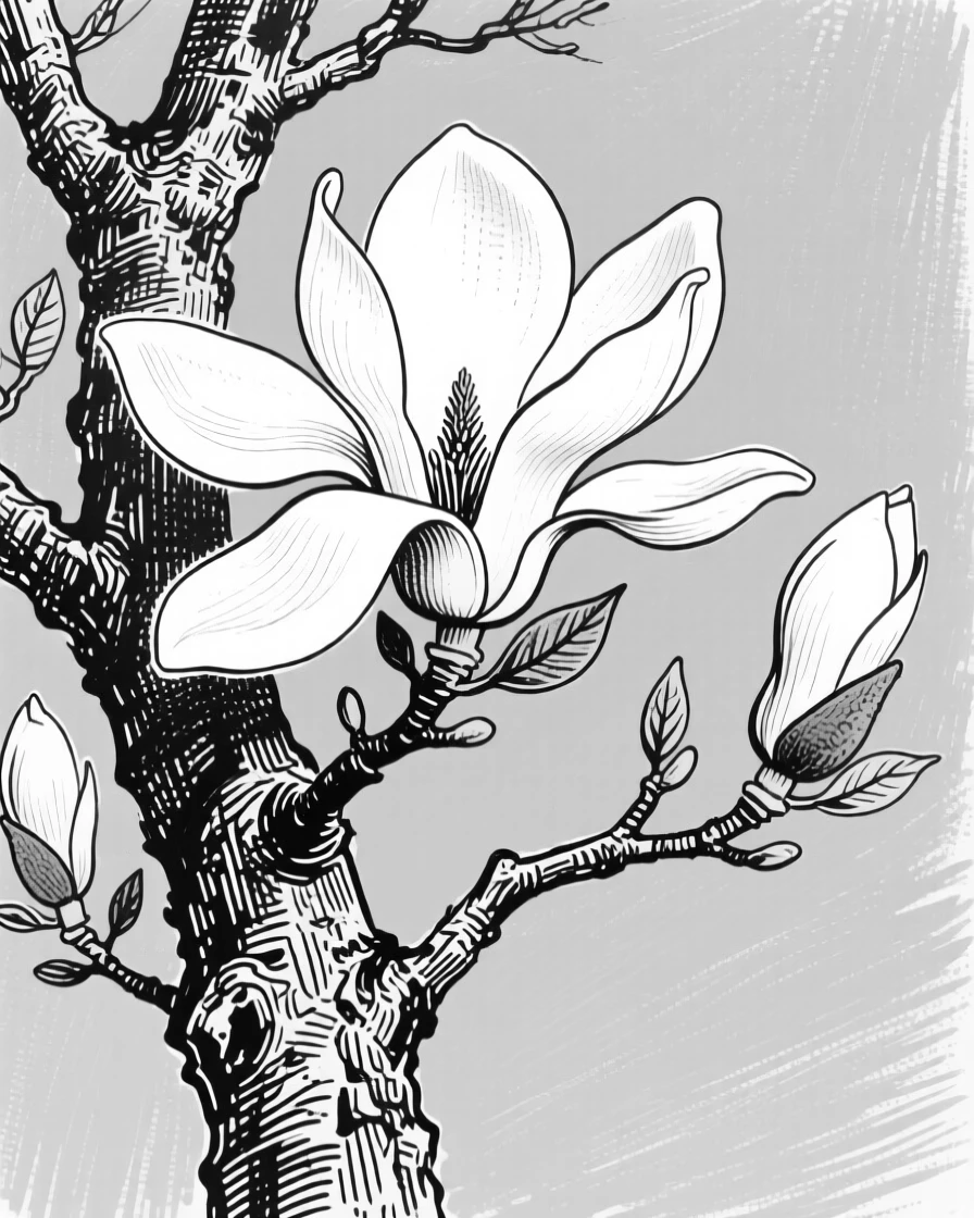 A blooming magnolia tree with large white petals against a blue sky.