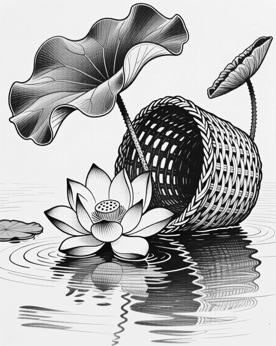 A lotus flower on still water spilling out of a wicker basket, with leaves curling gently at the tips, composed in a full of quiet beauty still-life arrangement.