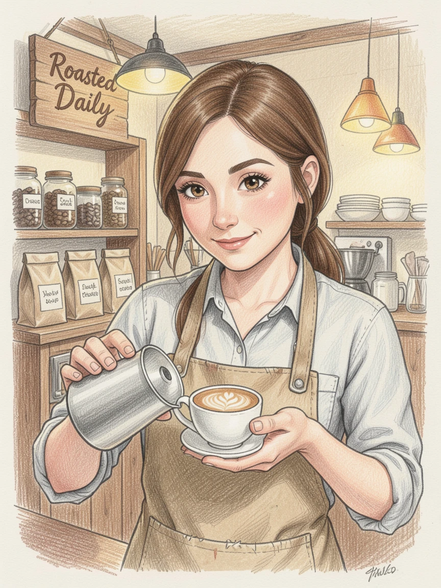 A barista carefully pouring latte art in a cozy cafe, with expressive detail in the eyes and gentle facial features, full of storytelling depth and quiet charm.