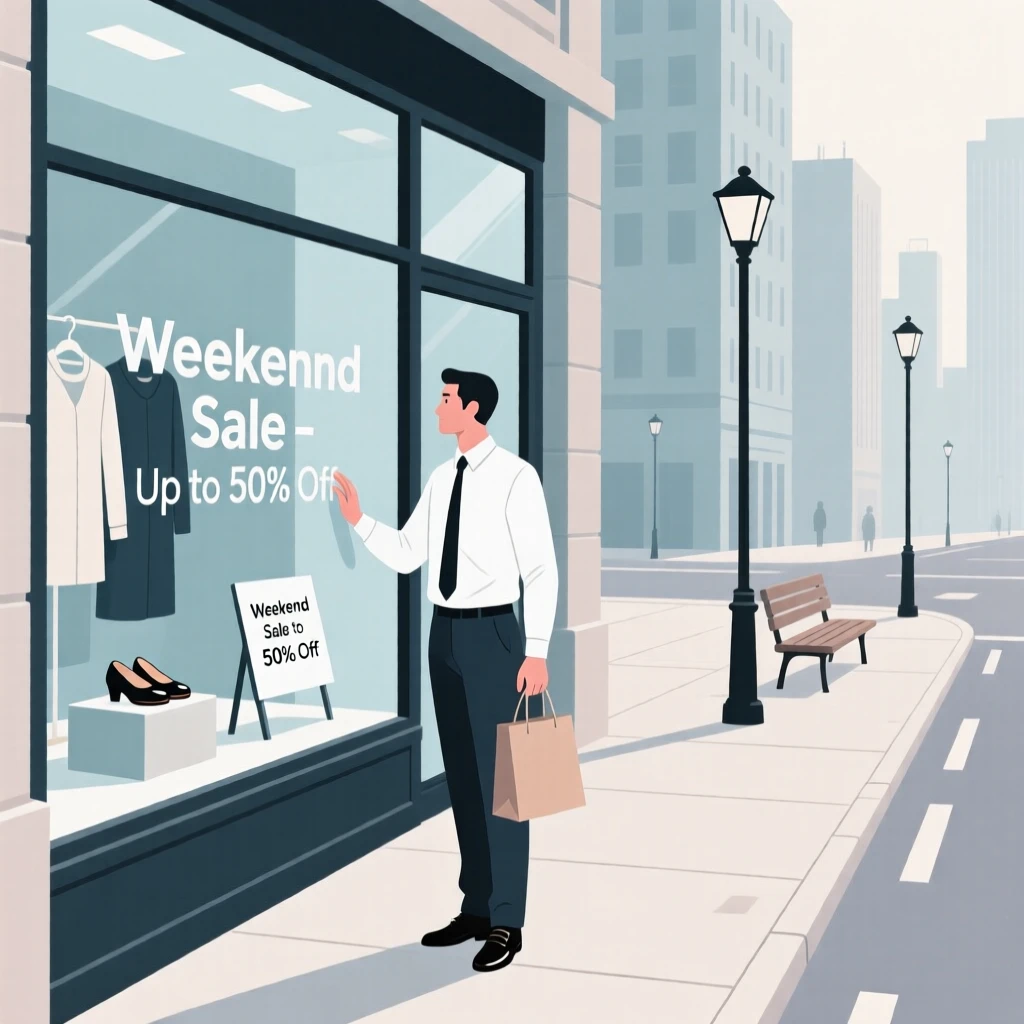 An office worker window shopping on a quiet weekend afternoon in the city.