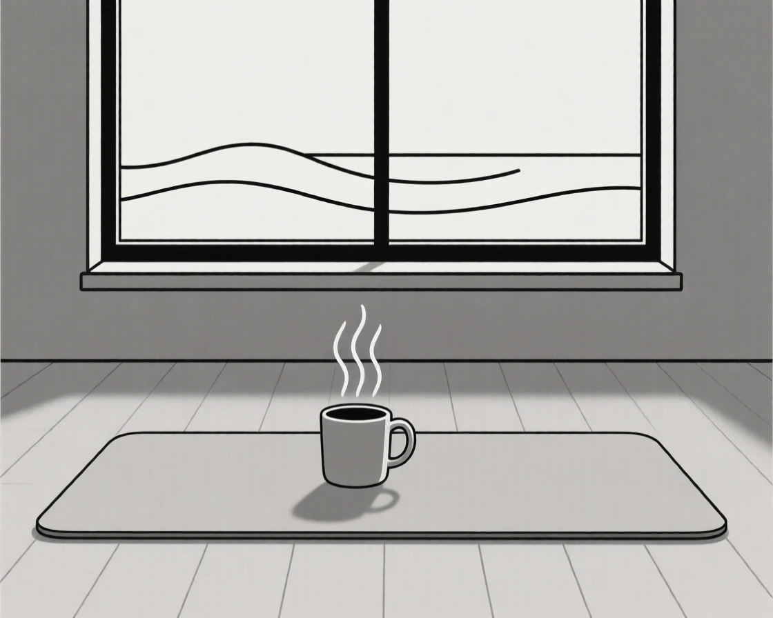 A cozy yoga mat on the floor filled with a steaming mug of coffee, set in a seaside home, evoking mindful presence.