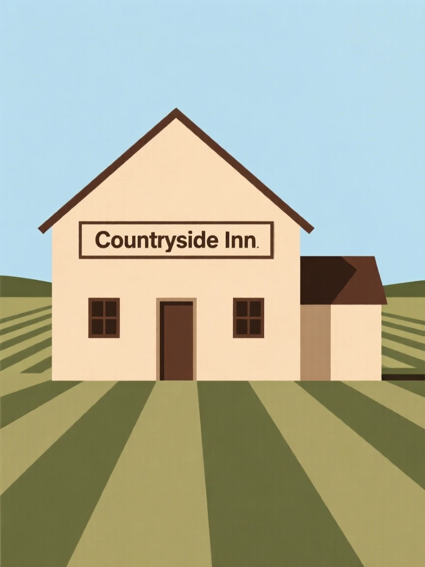 A rustic countryside inn surrounded by fields