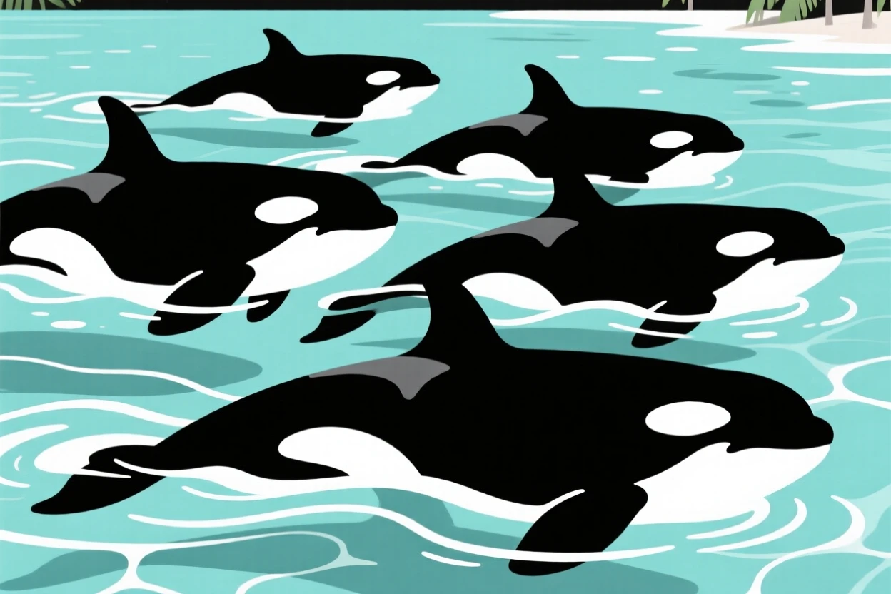 A pod of orcas swimming together in crystal clear tropical water.