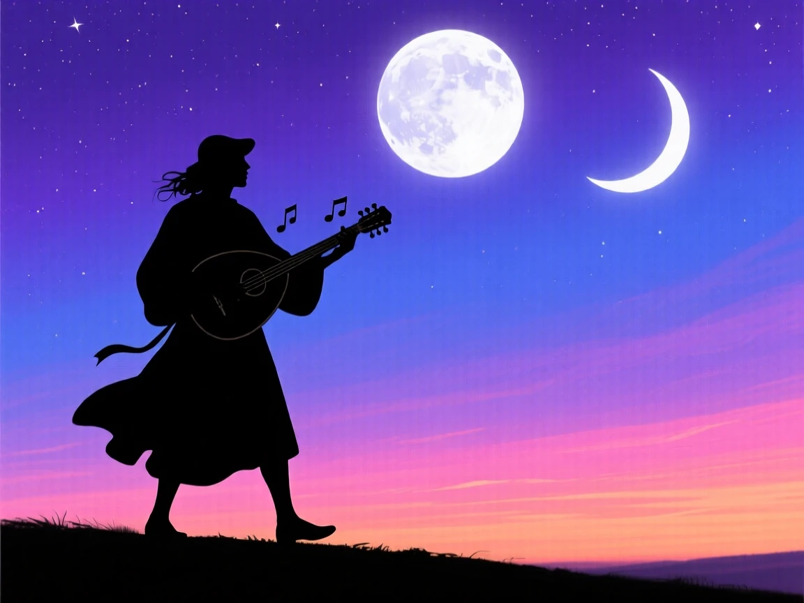 A wandering minstrel playing a lute beneath a sky filled with two moons.
