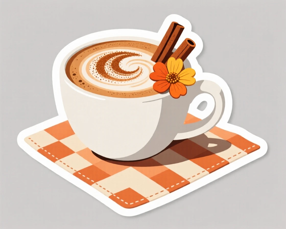 A picture-perfect cup of pumpkin spice latte with cinnamon on top, topped with a single edible flower, on a checkered picnic blanket.