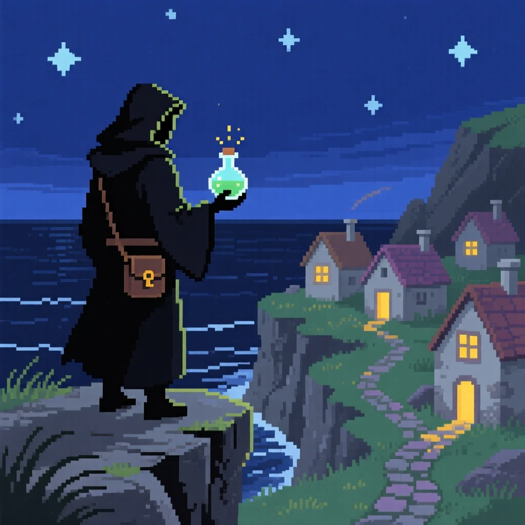 A cloaked alchemist mixing potions watching over a sleeping village at night, on a windswept cliff overlooking the sea.