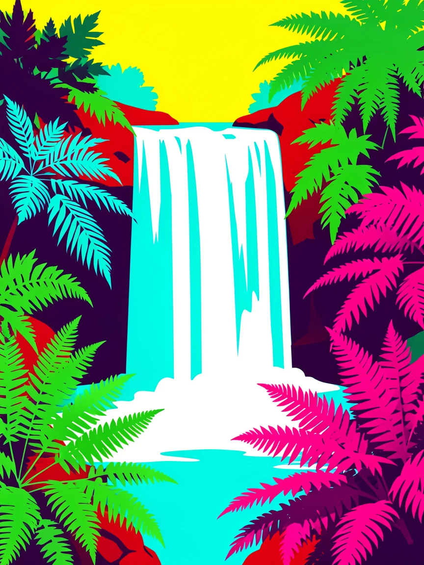 Tropical waterfall surrounded by lush ferns