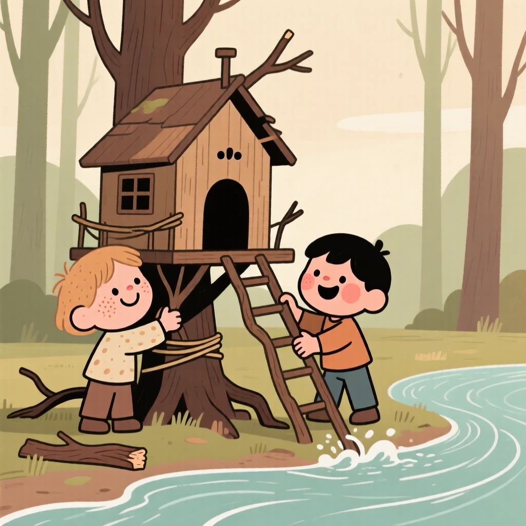 A pair of children build a treehouse out of fallen branches in the quiet forest clearing, laughing as a wave rushes in to wash it away.
