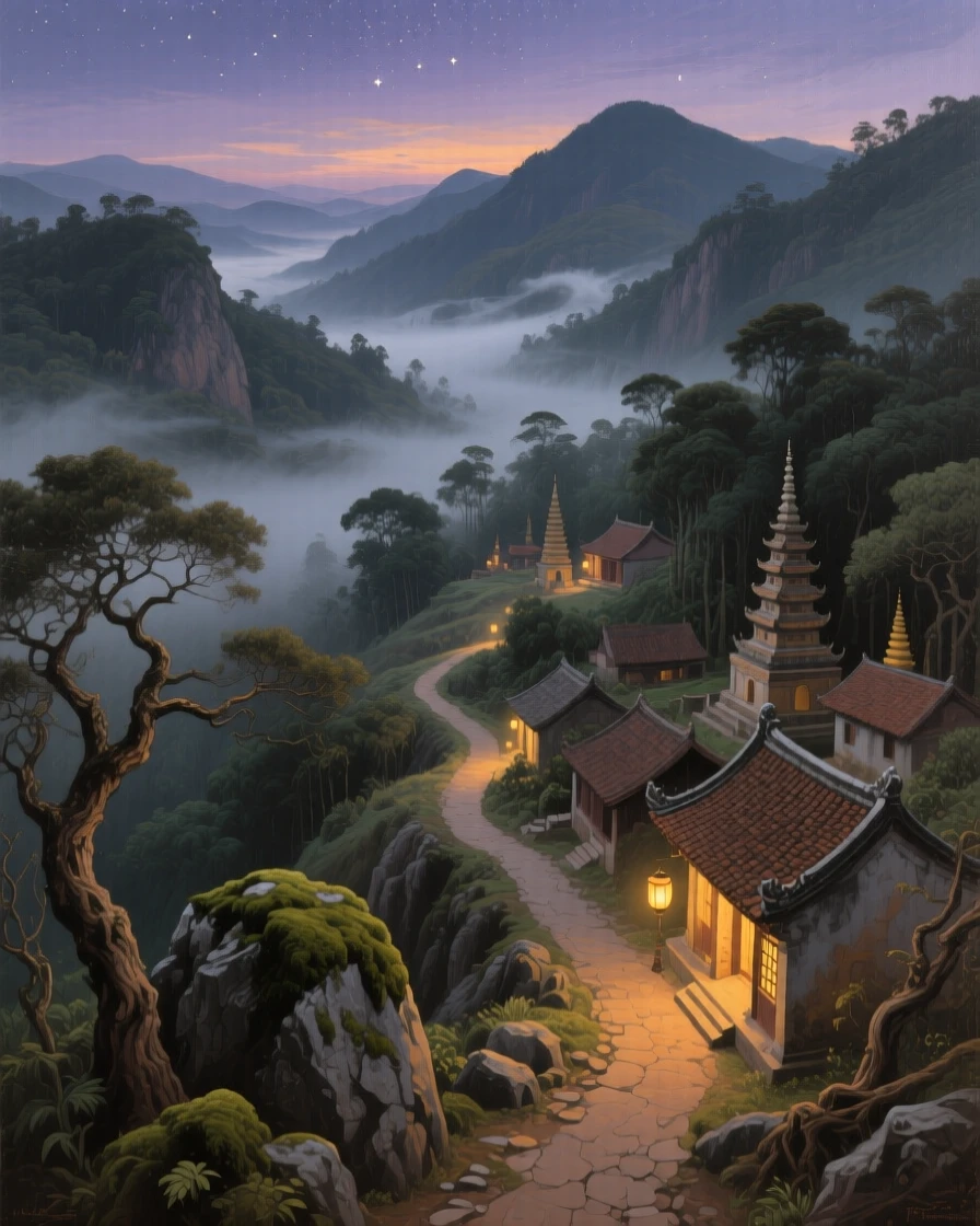 An aerial view of a historic pilgrimage trail winding through misty mountains, at twilight, in old Hanoi.