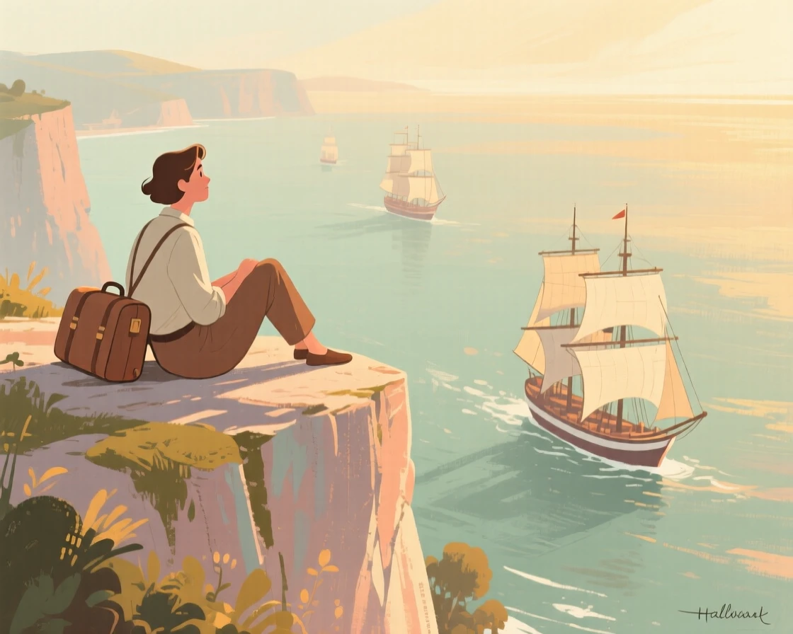 A traveler resting on a cliffside overlook watching ships pass below