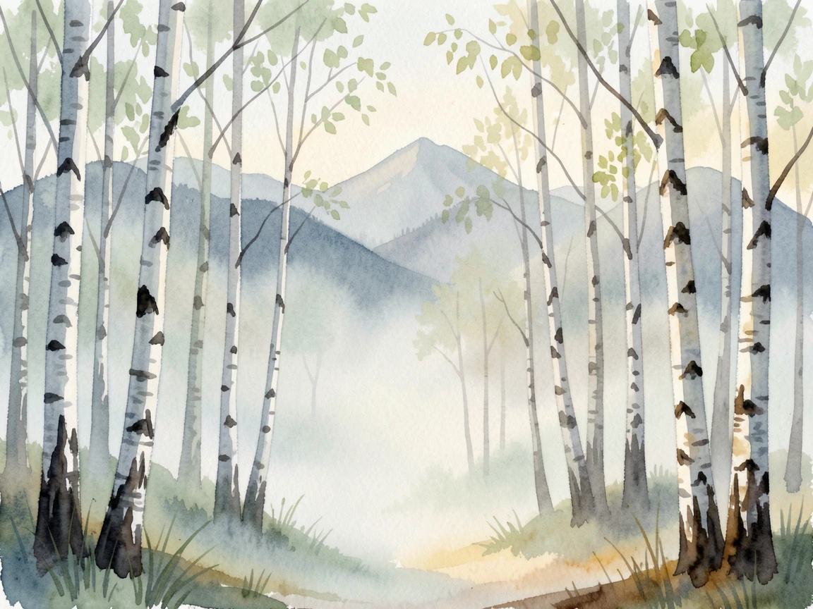 A birch forest in early spring with morning mist rising with distant peaks fading into haze.