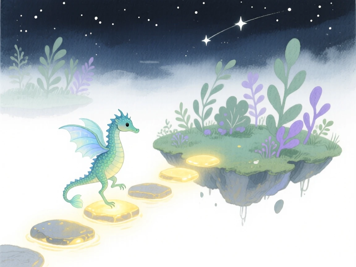 A tiny sea dragon skips across stepping stones of light in a floating garden island, with stars beginning to appear overhead