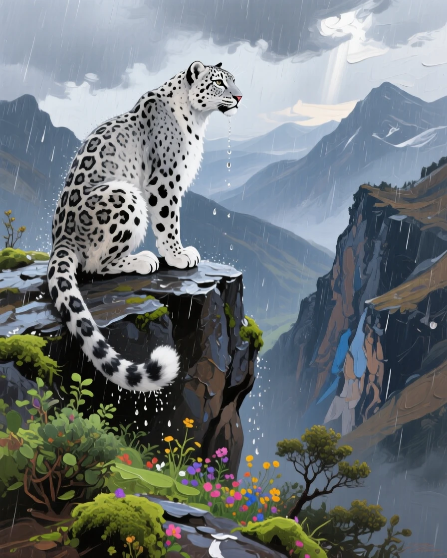 a snow leopard watching from a high ledge, during the first rain of the season, with a clear foreground, subject, and distant setting.