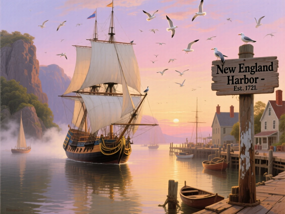 A grand three-masted ship sails out of harbor at first light.