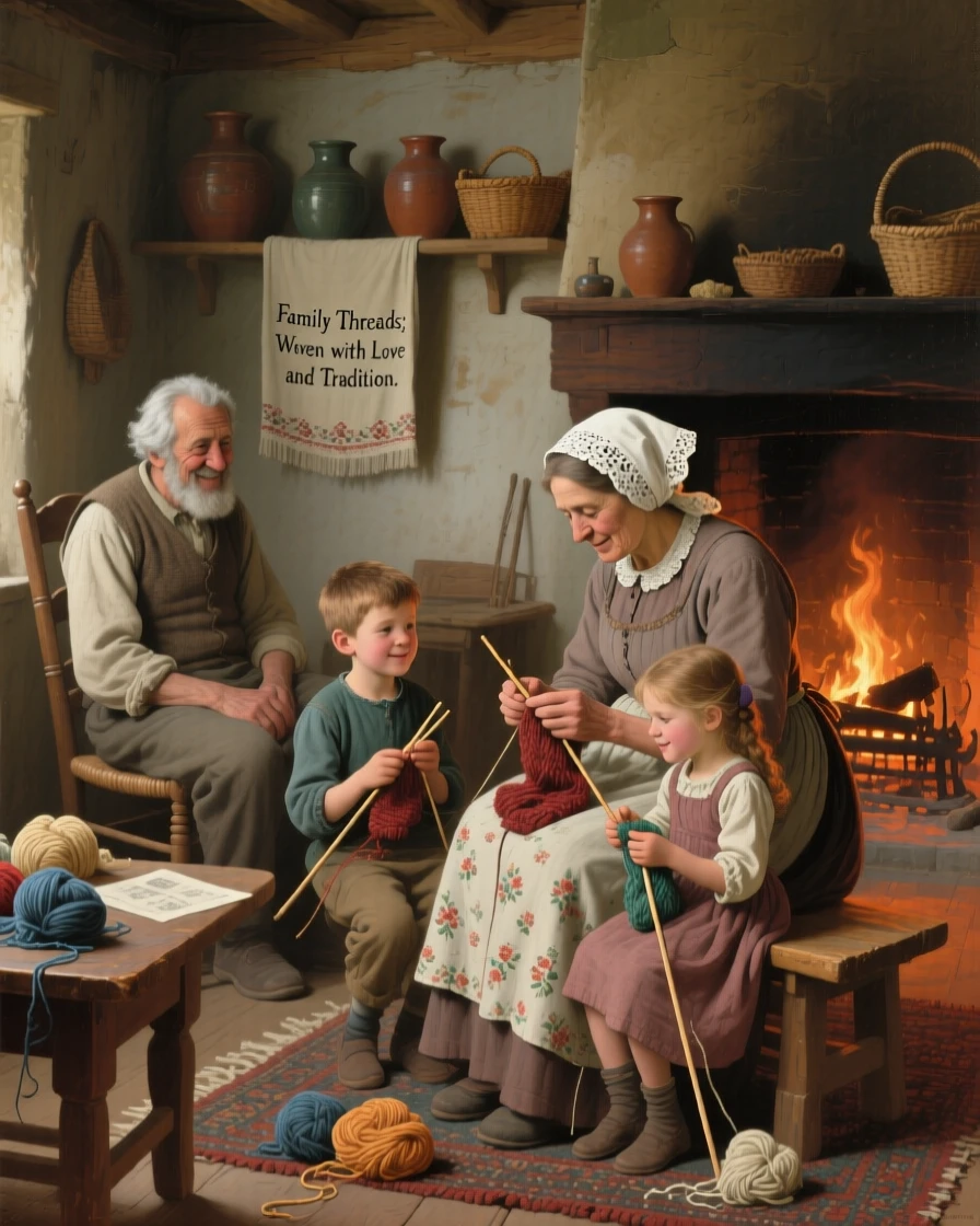 A grandmother teaching her grandchildren to knit by the fireplace, as an older family member watches on with a proud smile, celebrating the simple, universal joys of family life