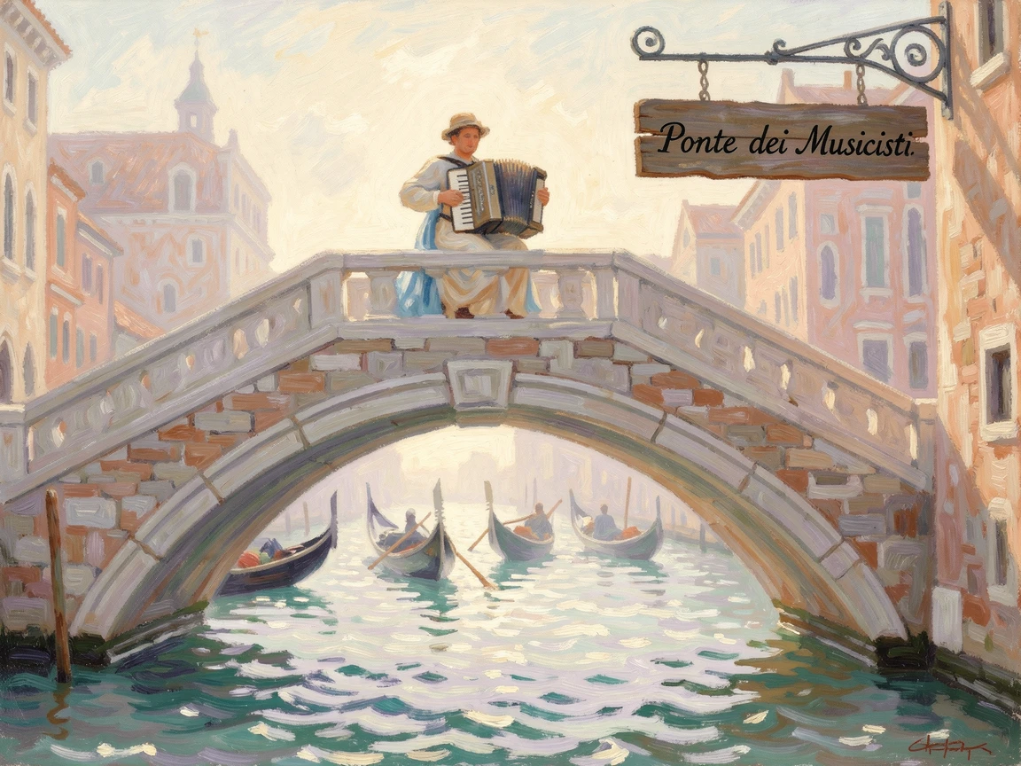 A musician playing an accordion on a Venetian bridge as gondolas drift beneath.