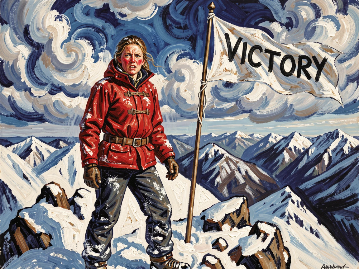 A determined mountaineer standing triumphantly at a snowy summit, flag planted beside her.