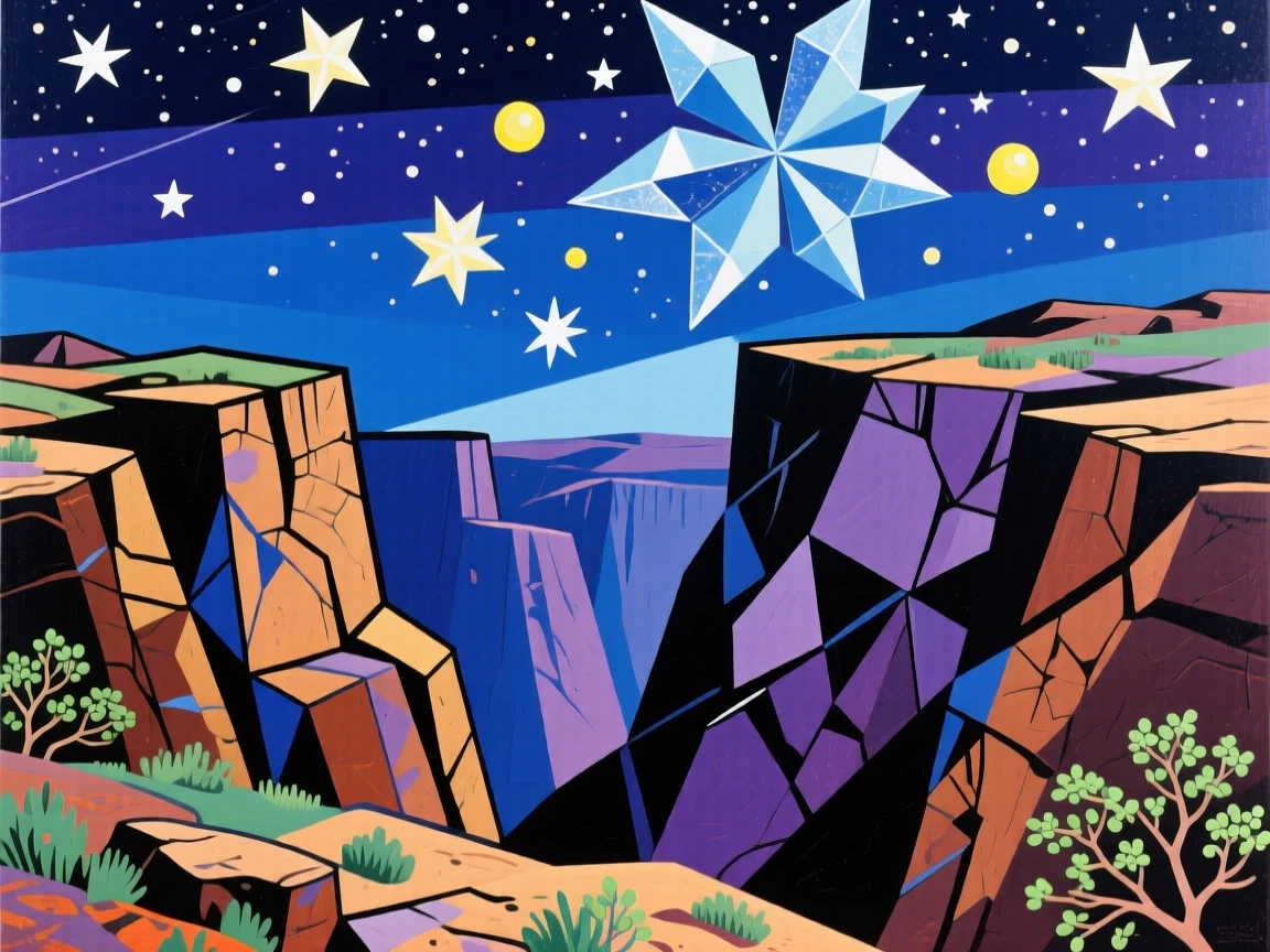 A medium shot of a rugged canyon beneath a star-filled night sky, in early spring.