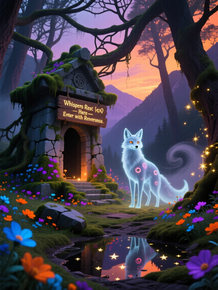 A forgotten shrine tucked deep within a quiet mountain forest glows faintly from within as evening settles over it, as moss and wildflowers creep gently across old stone.