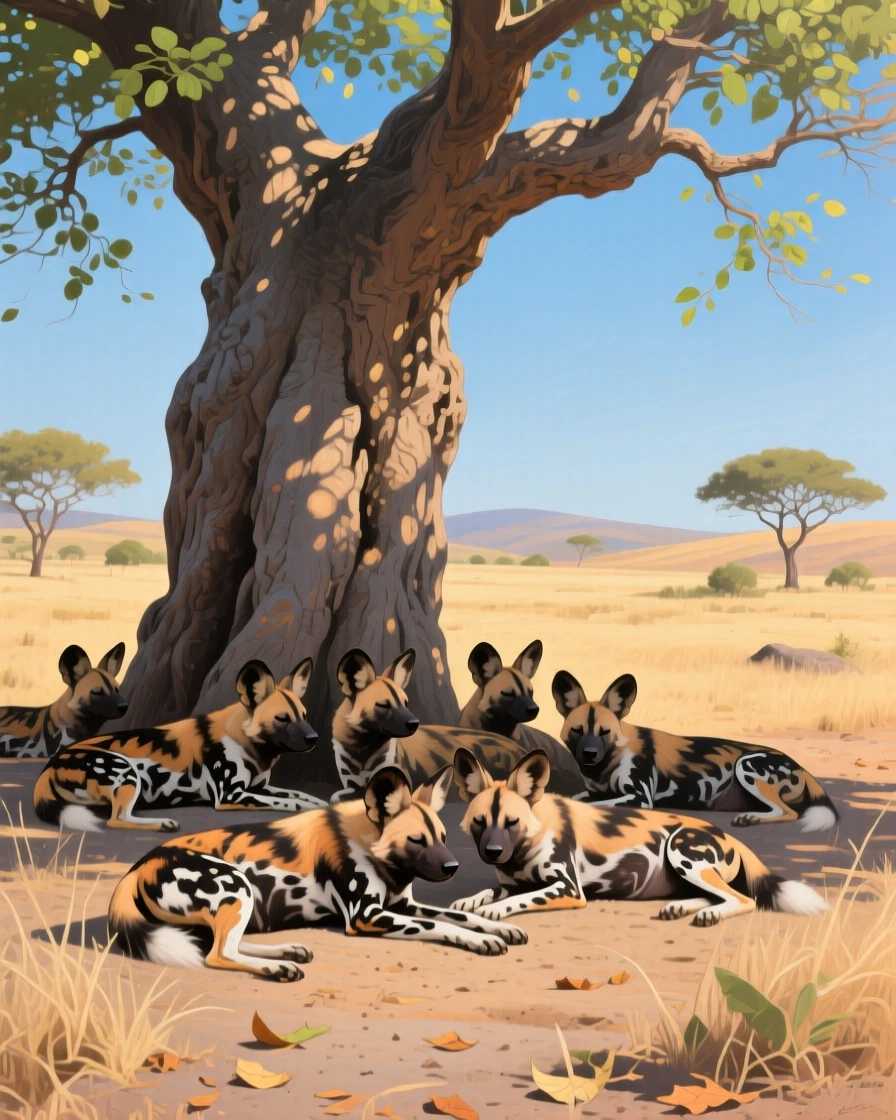 A pack of African wild dogs rests in the shade of a baobab tree, their mottled coats blending with the dappled light filtering through sparse leaves, the moment captured with a sense of calm intimacy despite the wild setting.