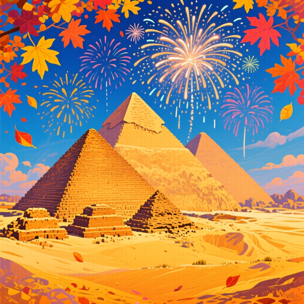 The pyramids of Giza rising from golden desert sand, as fireworks burst overhead, vivid autumn color framing the scene
