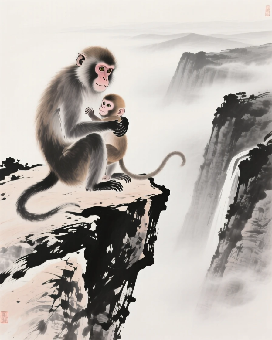 A mother monkey cradles her infant on a rocky ledge, overlooking a deep misty valley.