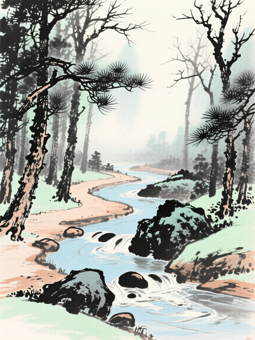 A forest path dappled with soft light, where the current carves gentle ripples around smooth stones, in the mild days of early winter, imbued with timeless calm.