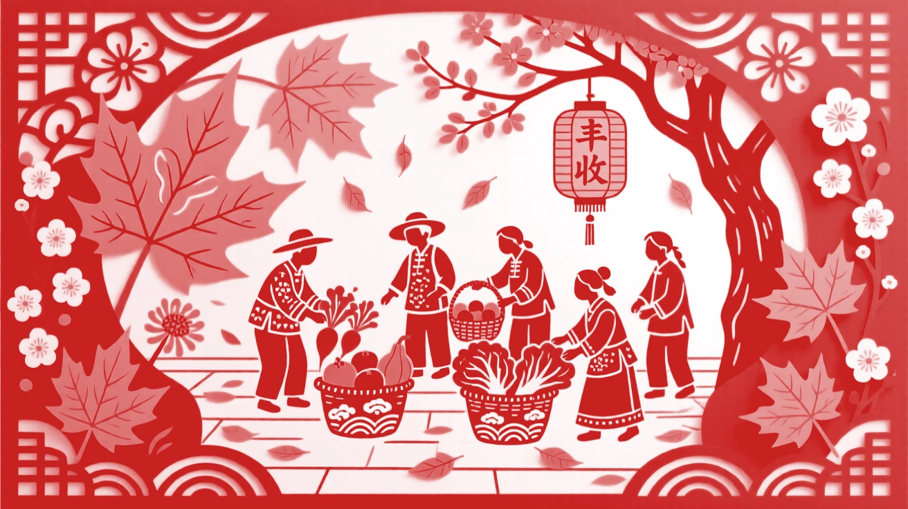 A Spring scene of a courtyard filled with golden fallen leaves, farmers gathering the season's bounty.