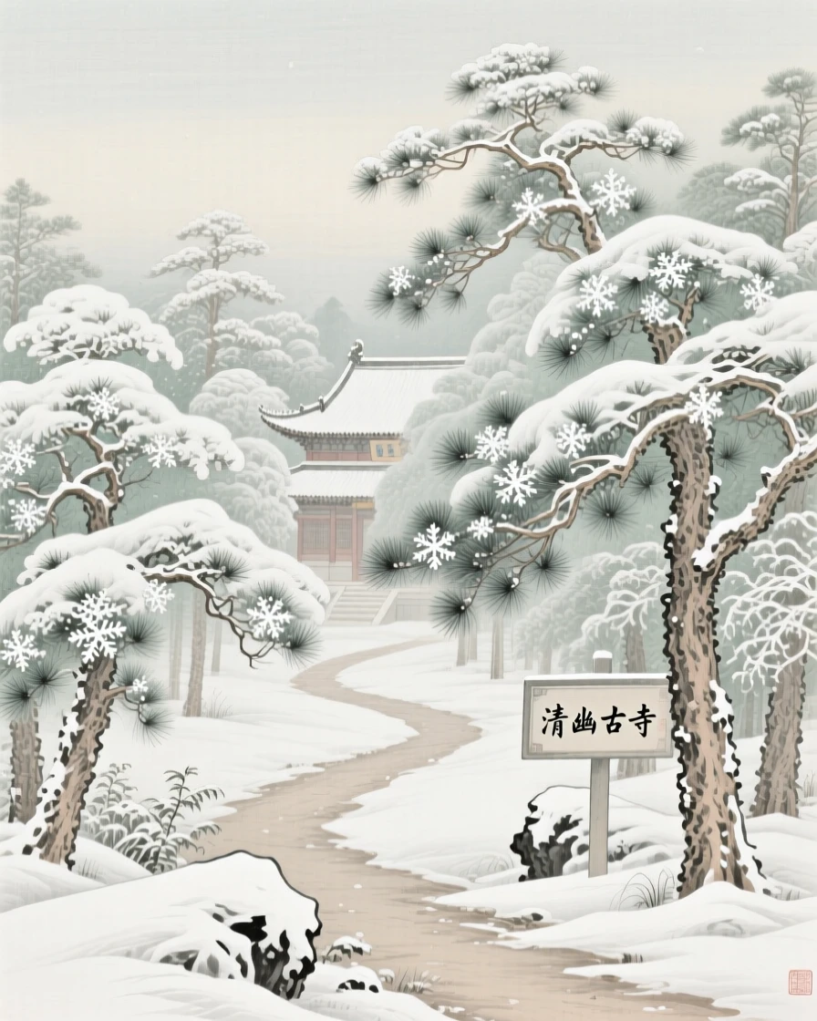 A snow-covered pine forest under a pale winter sky, with a narrow path winding up toward a hidden temple