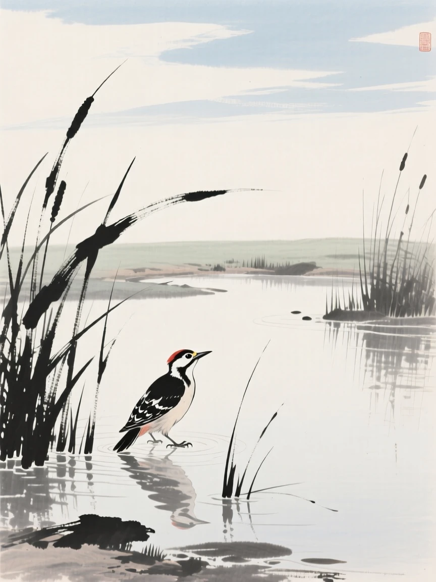 A woodpecker wading through shallow reeds over a tranquil garden pond, framed against a wide expanse of open sky, carrying a quiet, poetic stillness.