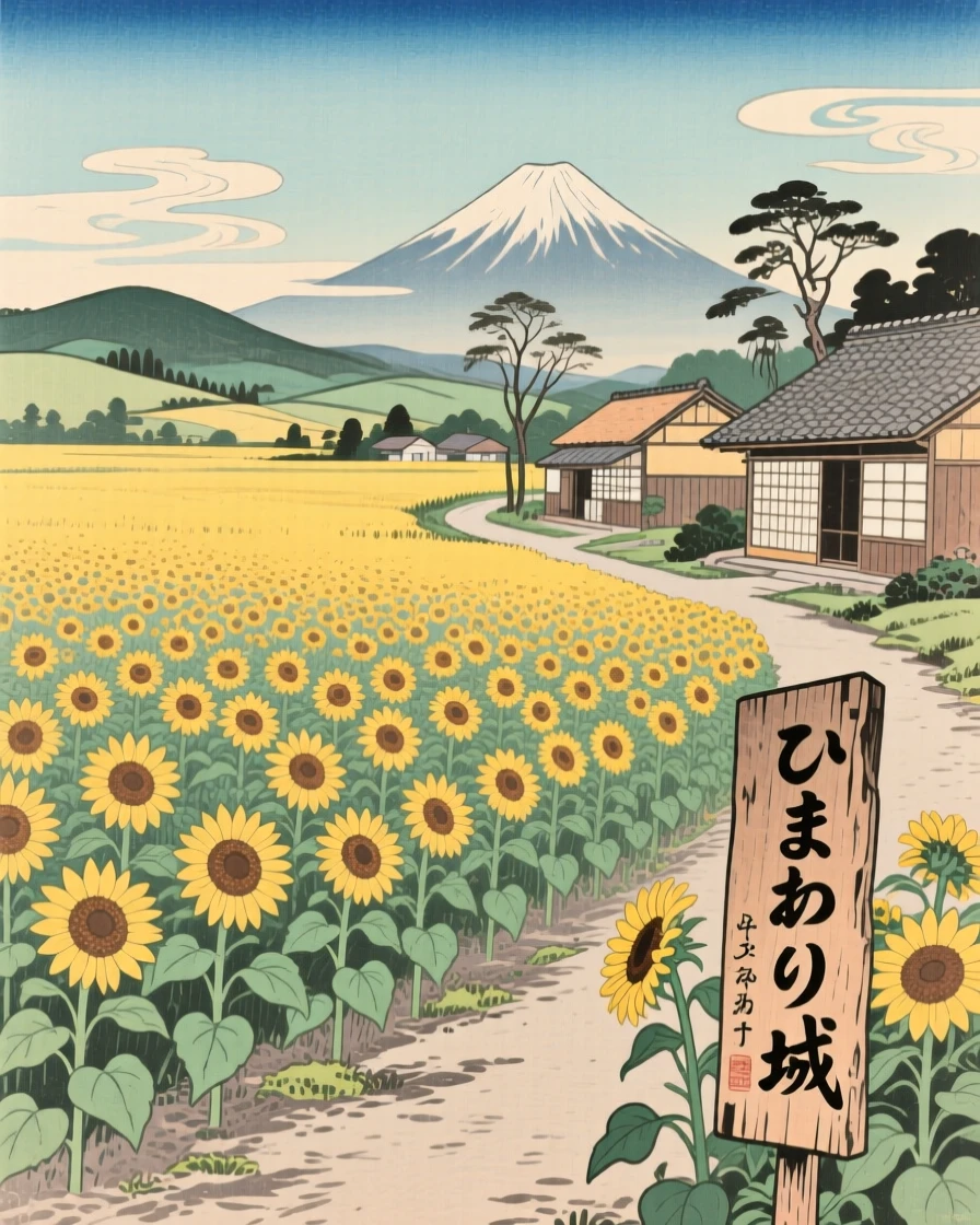 A sunflower field stretching to the horizon beside a quiet village path.
