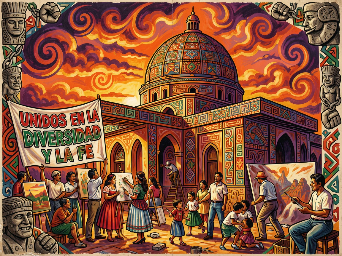 A domed mosque with intricate tile work glowing at sunset