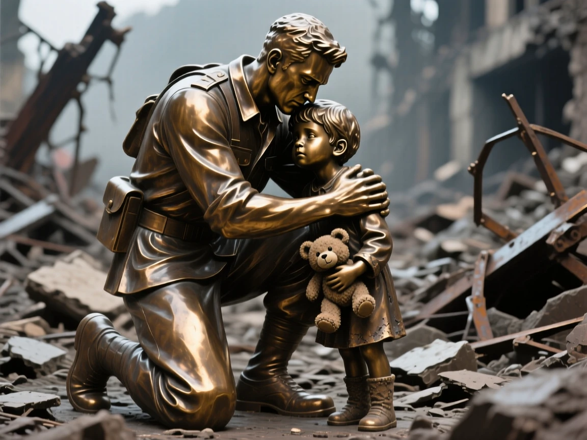 A soldier comforting a child amid the ruins of war, with powerful, expressive body language, forming a strong central focal point