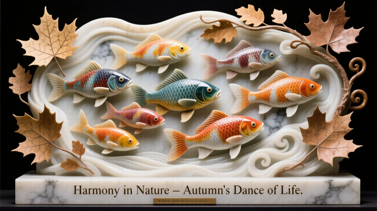 A striking close-up of a school of colorful fish, full of life and grace, surrounded by autumn foliage