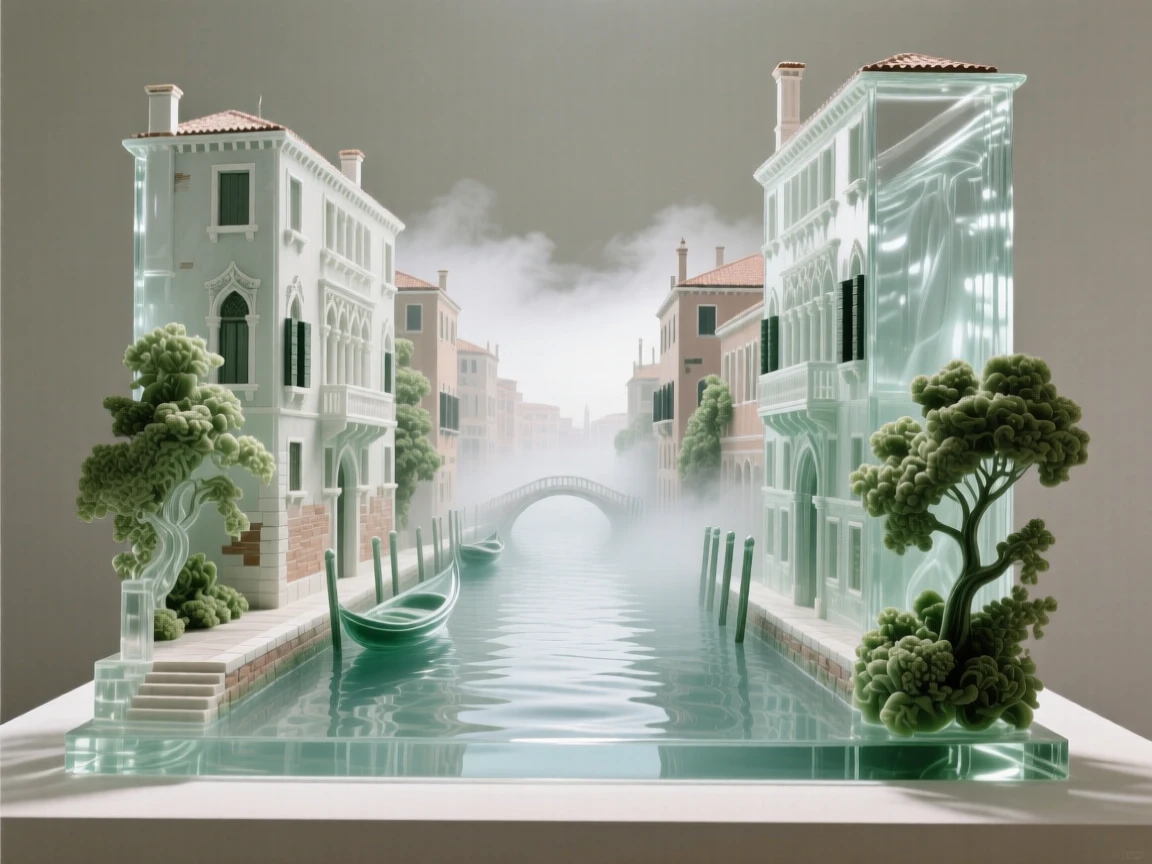 A Venetian canal lined with historic buildings surrounded by lush greenery and soft morning mist, wide establishing composition, feeling serene and majestic.