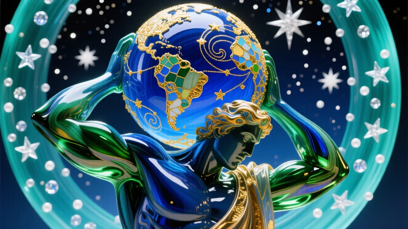 Atlas holding the celestial globe upon his shoulders beneath a starry sky, mythic and monumental.