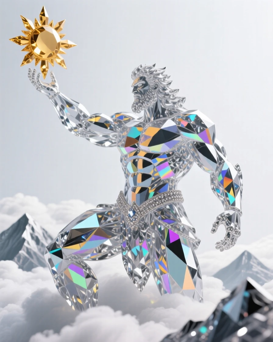 A titan god emerging from the clouds above a mountain range, hand outstretched toward the sun.