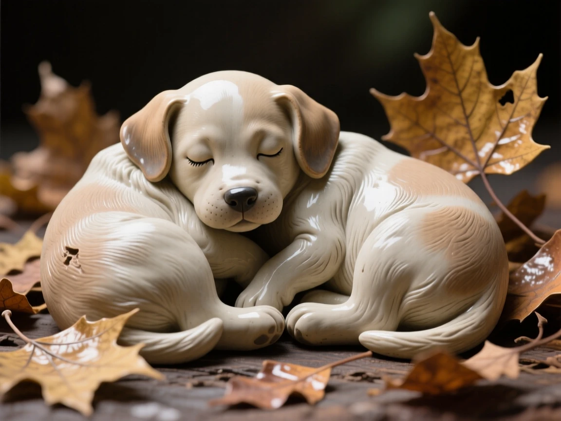 A sleeping puppy nuzzling gently against its companion, framed by scattered autumn leaves, filling the scene with playful, heartwarming charm.