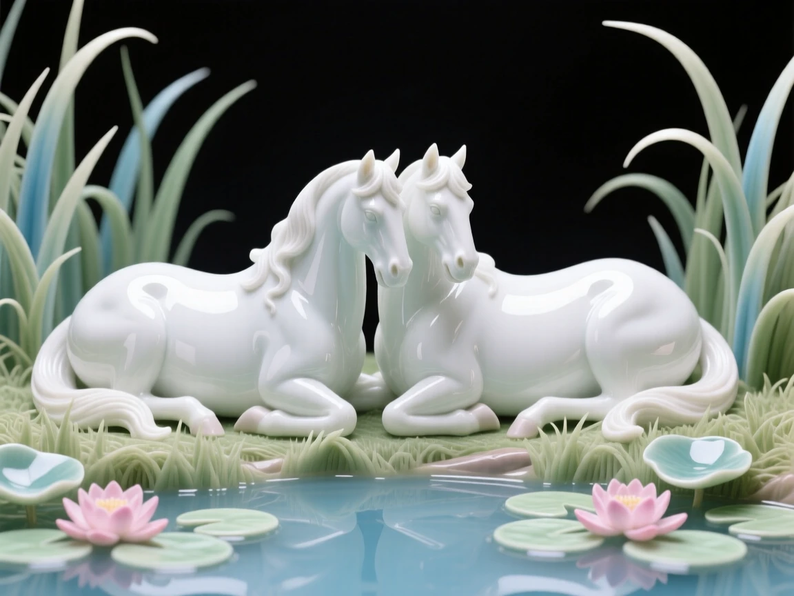 A pair of horses resting side by side in tall grass beside a lily-covered pond.
