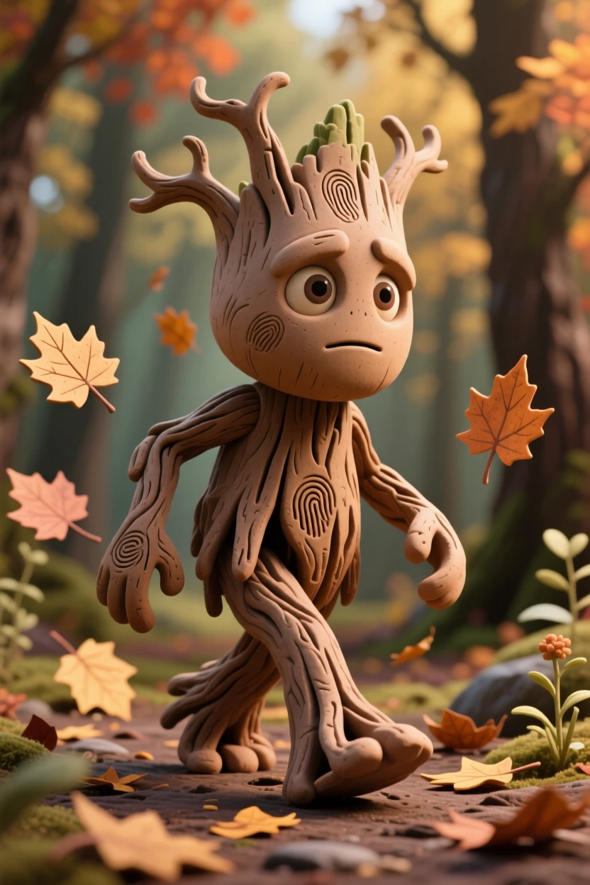 A treant slowly walking through an autumn forest, leaves trailing