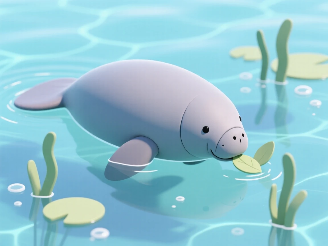 A gentle manatee glides slowly through crystal clear water, nibbling on floating patches of seagrass.