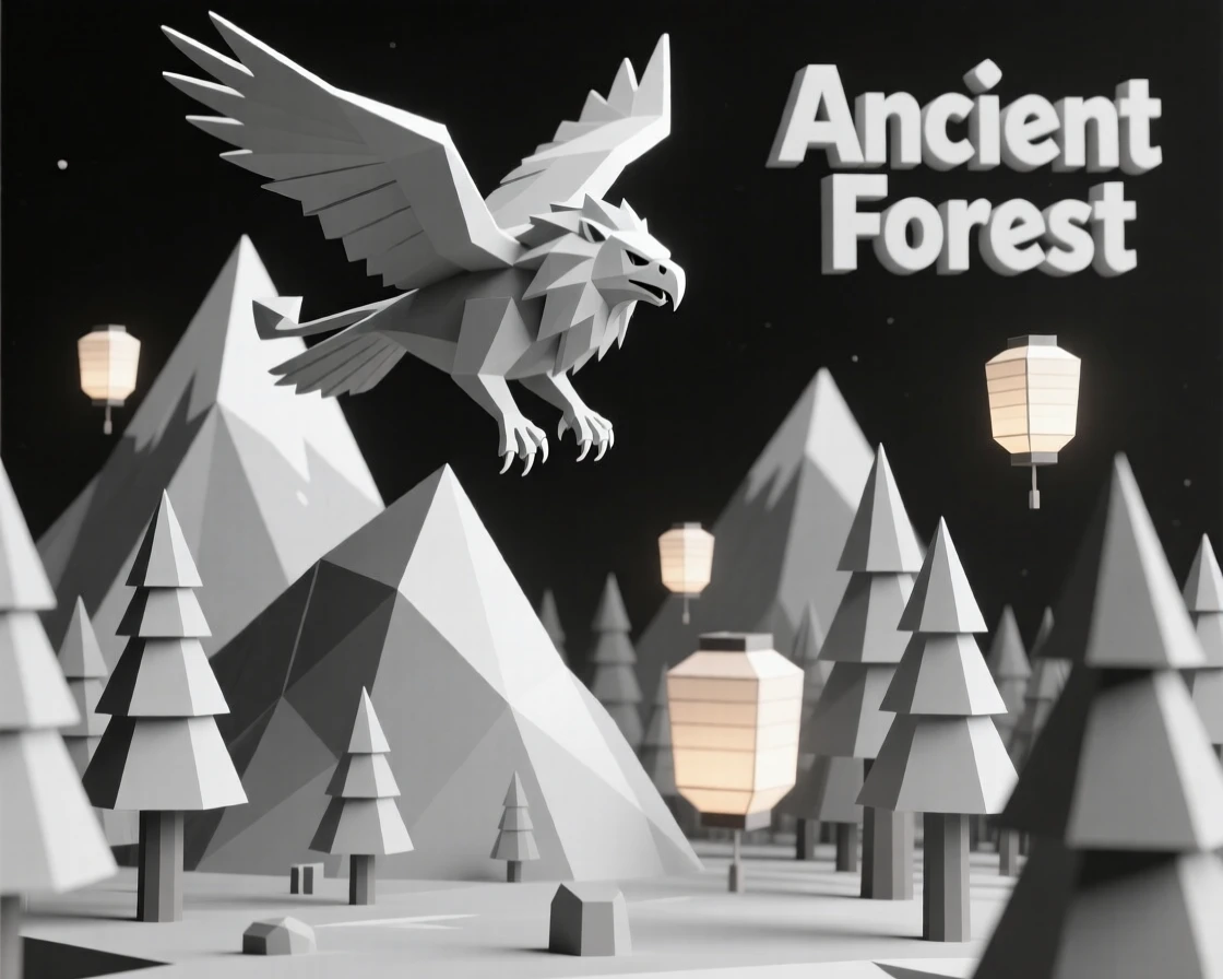 A griffin soaring above jagged mountain peaks, within a forest lit by floating lanterns. rich color contrasts add depth to the fantasy setting. There is an air of ancient mystery.