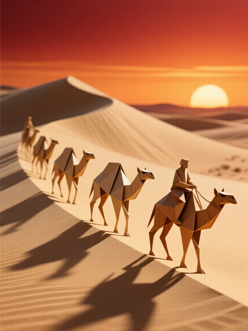 A camel caravan crossing the dunes of the Sahara at sunset, long shadows trailing behind.