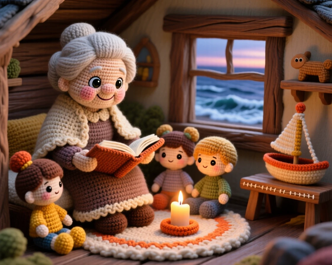 A charming scene of a gentle grandmother storyteller with a shawl and a twinkle in her eye, reading by candlelight to gathered children inside a seaside cottage with a view of the waves; a small wooden toy left on a bench adds to the moment, full of warm, homespun charm and quiet dedication.