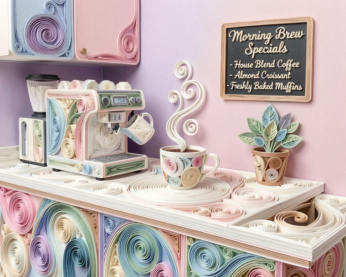 a morning coffee ritual on a modern kitchen counter, in a cozy neighborhood café, composed with clean modern lines and open space, in a calm, soothing palette of muted pastels.
