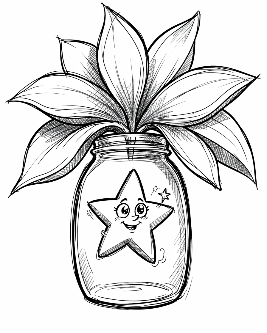 A star-shaped creature floating in a jar under a giant blooming flower.
