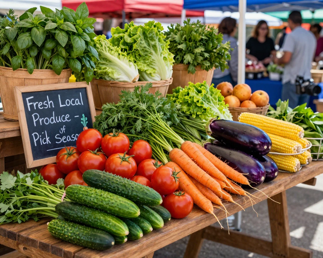 A farmers market stall overflowing with fresh produce