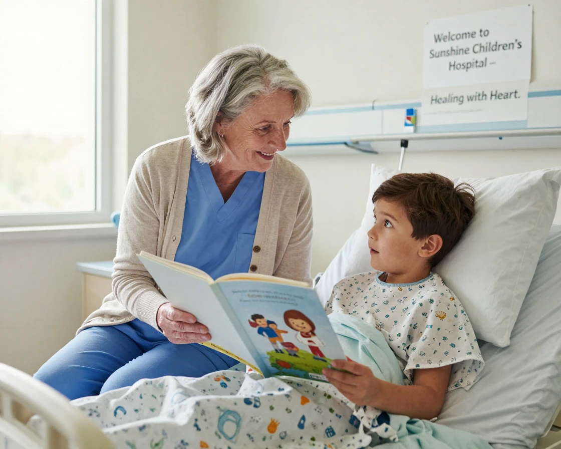 A retired nurse volunteers to read to patients at a children's hospital.