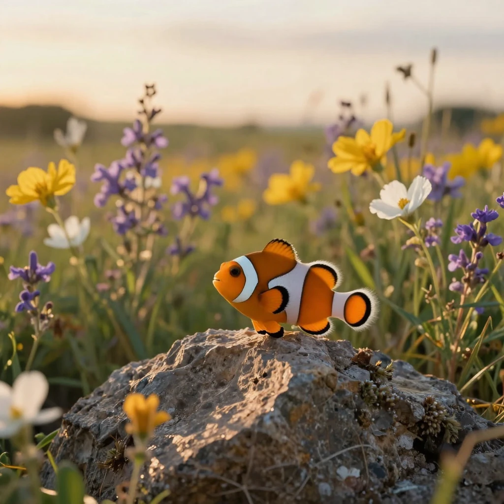 A school of clownfish watching alertly from atop a rocky outcrop through a field of tall wildflowers as the day slowly fades